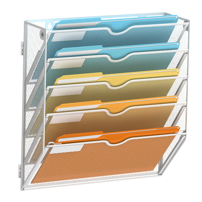 SUPEASY 5 Tier Wall File Organizer, Hanging Wall Mounted Mail Organizer with Label Slots, Metal Mesh File Holder Magazine Rack for Office, Home, School or Classroom, White