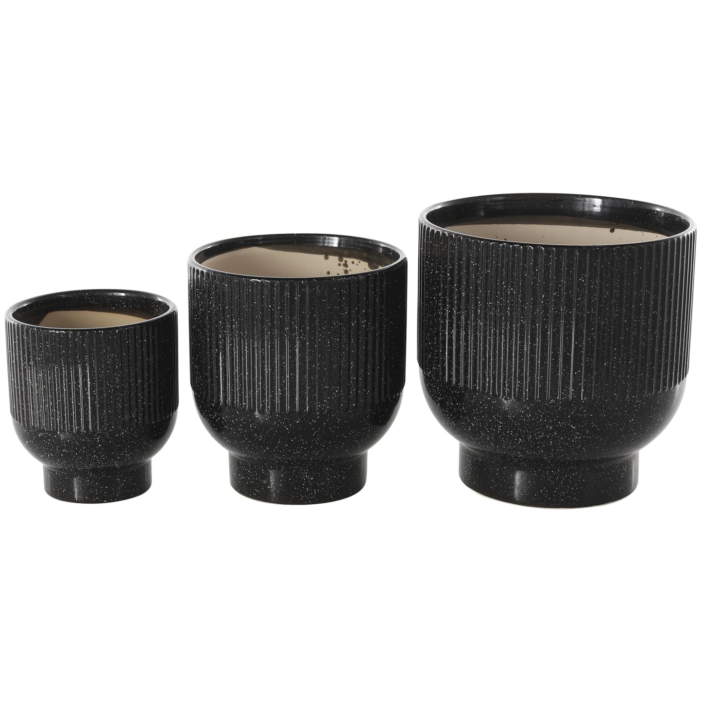 Deco 79 Ceramic Indoor Outdoor Planter Speckled Small Planter Pot with Linear Grooves and Tapered Bases, Set of 3 Planters 9", 8", 6"H, Black