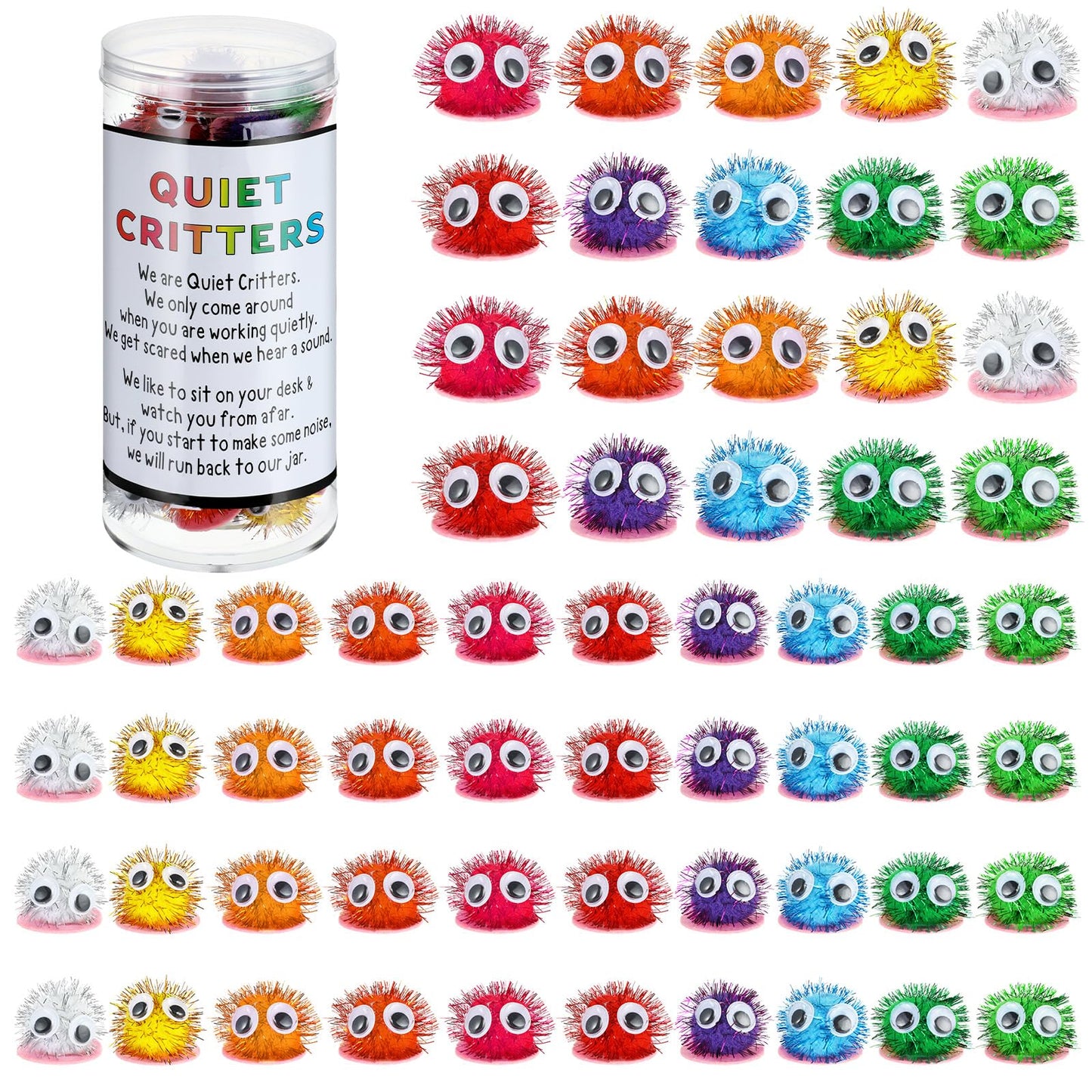 WinnerWhy 50 Pcs 1'' Pom Poms Critters with Plastic Jar Quiet Critters Classroom Management, Behavior Classroom Management Tool, Homeschooling, Educational and Learning Activities for Kid(Multicolor)