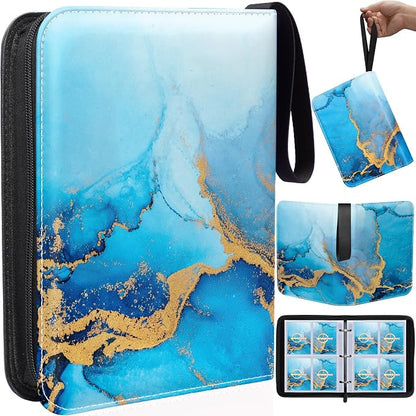 Card Binder 4 Pocket, 400 Pockets Card Holder Compatible with Game Cards Gift for Girls, Trading Card Binder Album Case Book Storage For Photocards, Small,Marble Blue