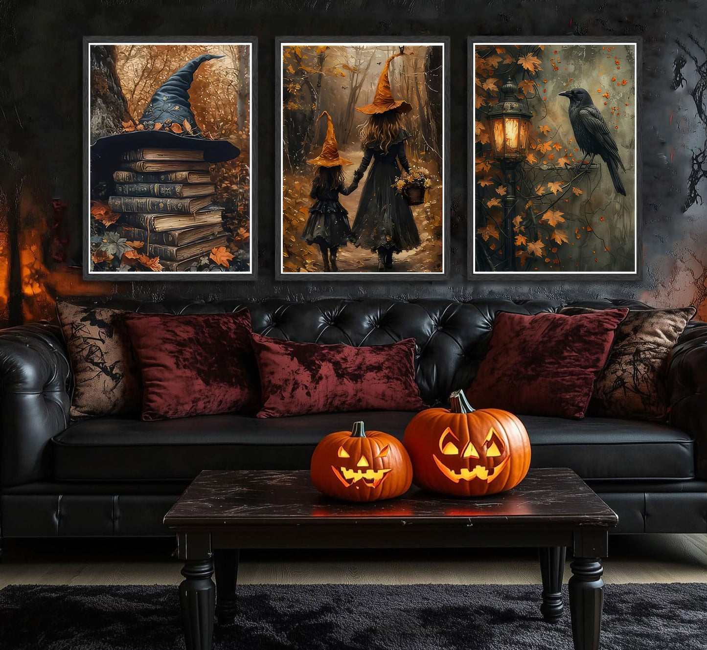 3pcs Halloween Canvas Wall Art Autumn Gothic Witch Books Crow Posters Prints Dark Academia Witch Wall Decor Pictures for Halloween Party House Decoration Unframed