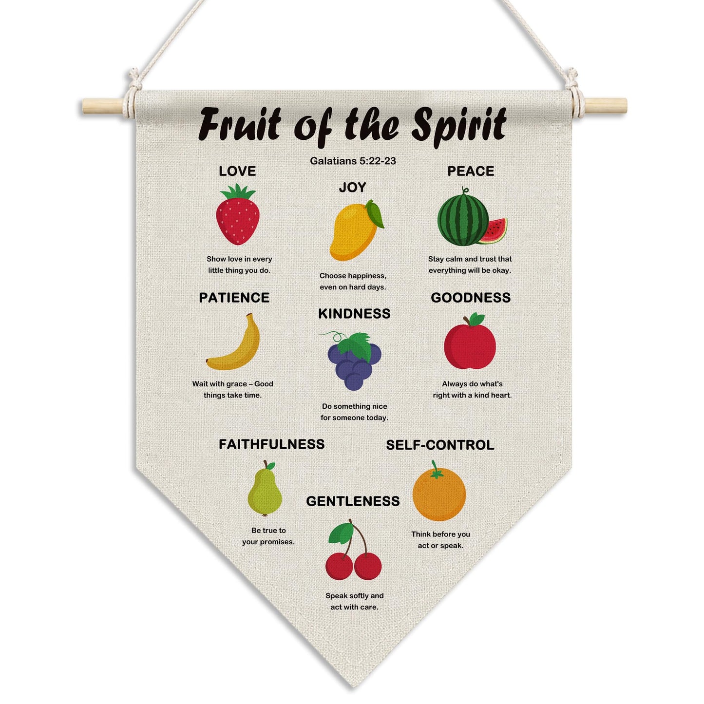 RUKUPA Christian Fruit of the Spirit Wall Art Decor, Bible Verse Nursery Hanging Pennant Flag, Religious Wall Art Poster Hanger for Kids Nursery Room Bedroom Playroom Home Kitchen Decor, 11x15 Inch