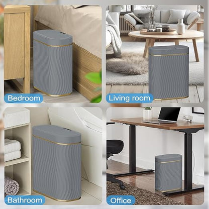 steo spce Bathroom Small Trash Can with Automatic Touchless Lid, 2.6 Gallon Smart Garbage Can Narrow Waterproof Trash Bin for Bedroom, Office, Living Room (Gold Grey)