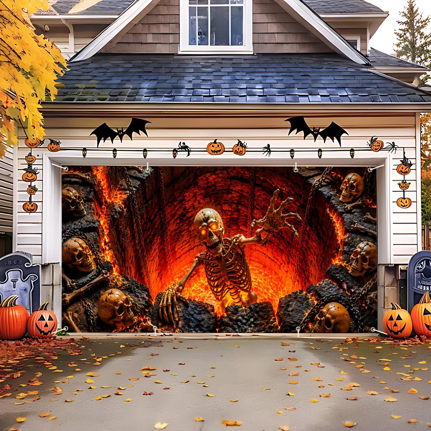 16x7 Ft Halloween Garage Door Banner Cover Decorations, Scary Skeleton Floating in Hell Fire Lava Backdrop, Large Creepy Skulls Outdoor Wall Mural Decor for Double Car Garage Door Holiday Party
