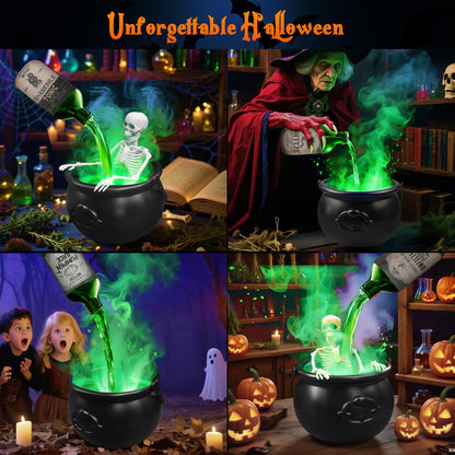Halloween Decorations - Cauldron Halloween Decor with Magic Floating Potion Bottles Fog Diffuser Spooky Skeletons & Black Plastic Witches Bowl for Indoor Outdoor Party/Table/Mantel/Kitchen Decor