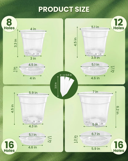WandaQueen 24 Packs Clear Nursery Pots for Plants with Saucers, 7/6/5/4 Inch Plastic Flower Pots with Drainage Hole, Variety Pack Seedlings Plant Pot with 24 Plant Labels