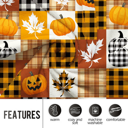 Halloween Pumpkin Throw Blanket Gifts, Pumpkins, Leaves Fall Plaid Blankets, Cozy Soft Fuzzy Plush Flannel Lap Throws for Couch Sofa Bed, for Kids Adults Wife Self, Birthday 60"x50"