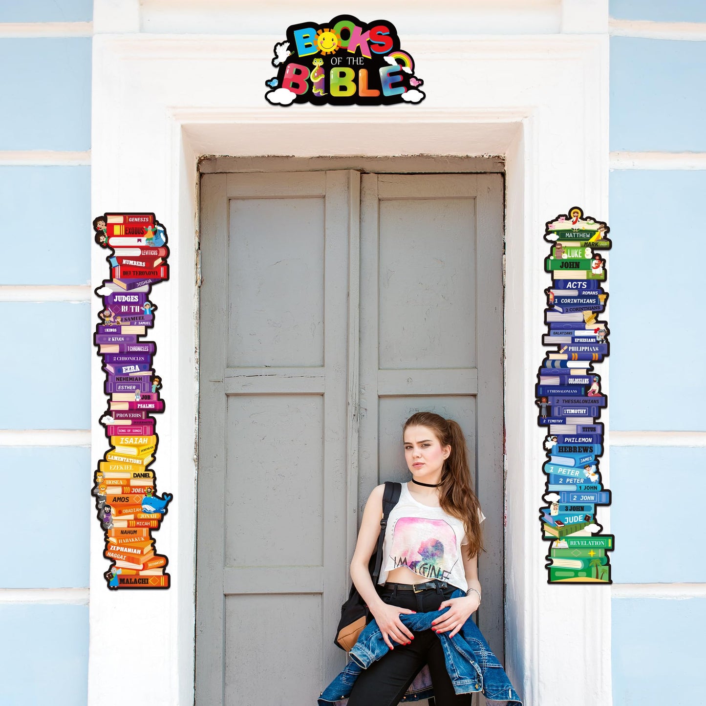 Yopyame Books of the Bible Posters - 16PCS Bible Door Border Door Cover for Scripture Home Church Decor Religious Christian Educational Posters for Classroom Sunday School