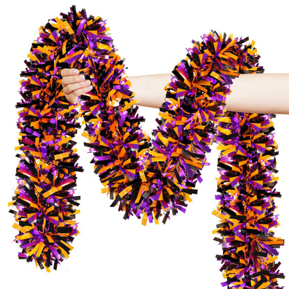Lairyan 50FT Halloween Tinsel Garland Decorations, Shiny Orange Black Purple Metallic Twist Hanging Garland for Home Tree Stairs Indoor Outdoor Halloween Party Decorations
