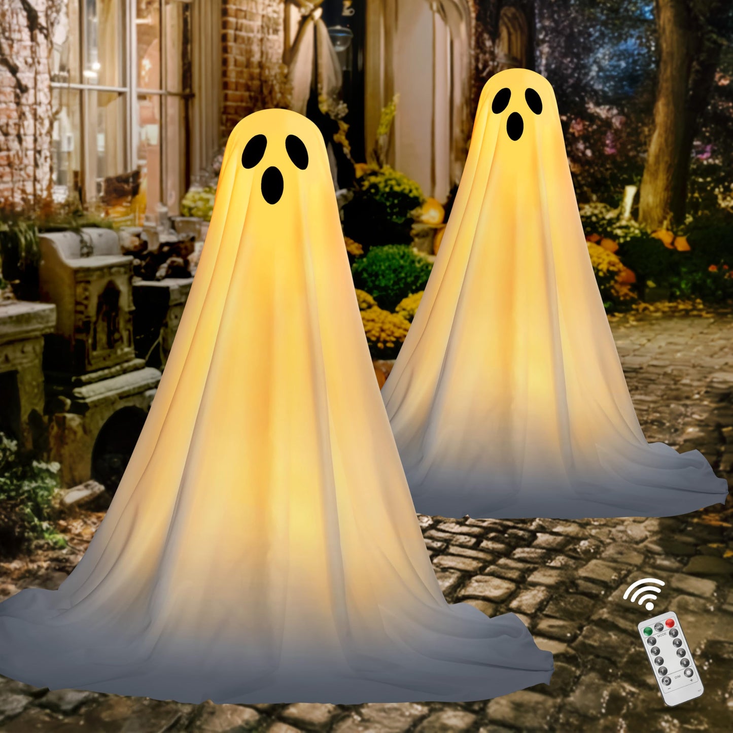 JOYIN 2 Packs 47'' Halloween Decorations Outdoor Standing Ghost, Standing Ghost Halloween Decor with Warm String Lights & Timer for Yard Porch Lawn Garden Party Supplies