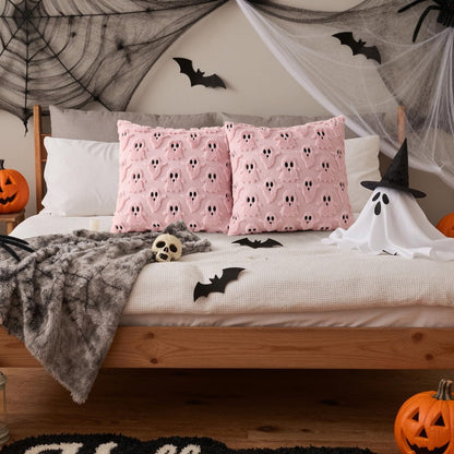 decorUhome Fall Halloween Ghost Pillow Covers 16x16 Pack of 2 Soft Plush Faux Wool Textured Throw Pillow Covers Cute 3D Ghost Decorative Cushion Cases for Couch Sofa Bedroom Home Decor, Blush Pink