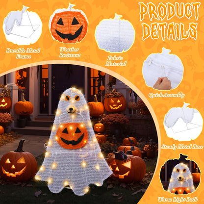Retisee Lighted Halloween Ghost Dog Puppy with Pumpkin Outdoor Decoration Pre-lit 2D Tinsel Spooky Ghost Dog Halloween Lighted-up Party Courtyard Porch Garden Lawn Display Decor, Not Include Battery
