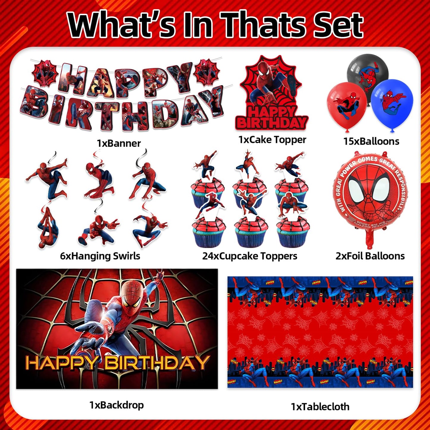 Spider Birthday Decorations, Party Supplies Set Include Banner, Backdrop, Balloons, Hanging Swirls, Cake Cupcake Toppers, Tablecloth for Boys Girls Spider Theme Party