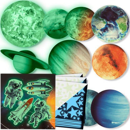 Glow in The Dark Stars and Planets, Bright Solar System Wall Stickers - USA Astronaut Spaceship, Ceiling Decals for Kids Bedroom Any Room, Shining Space Decoration, Birthday Gift for Boys and Girls