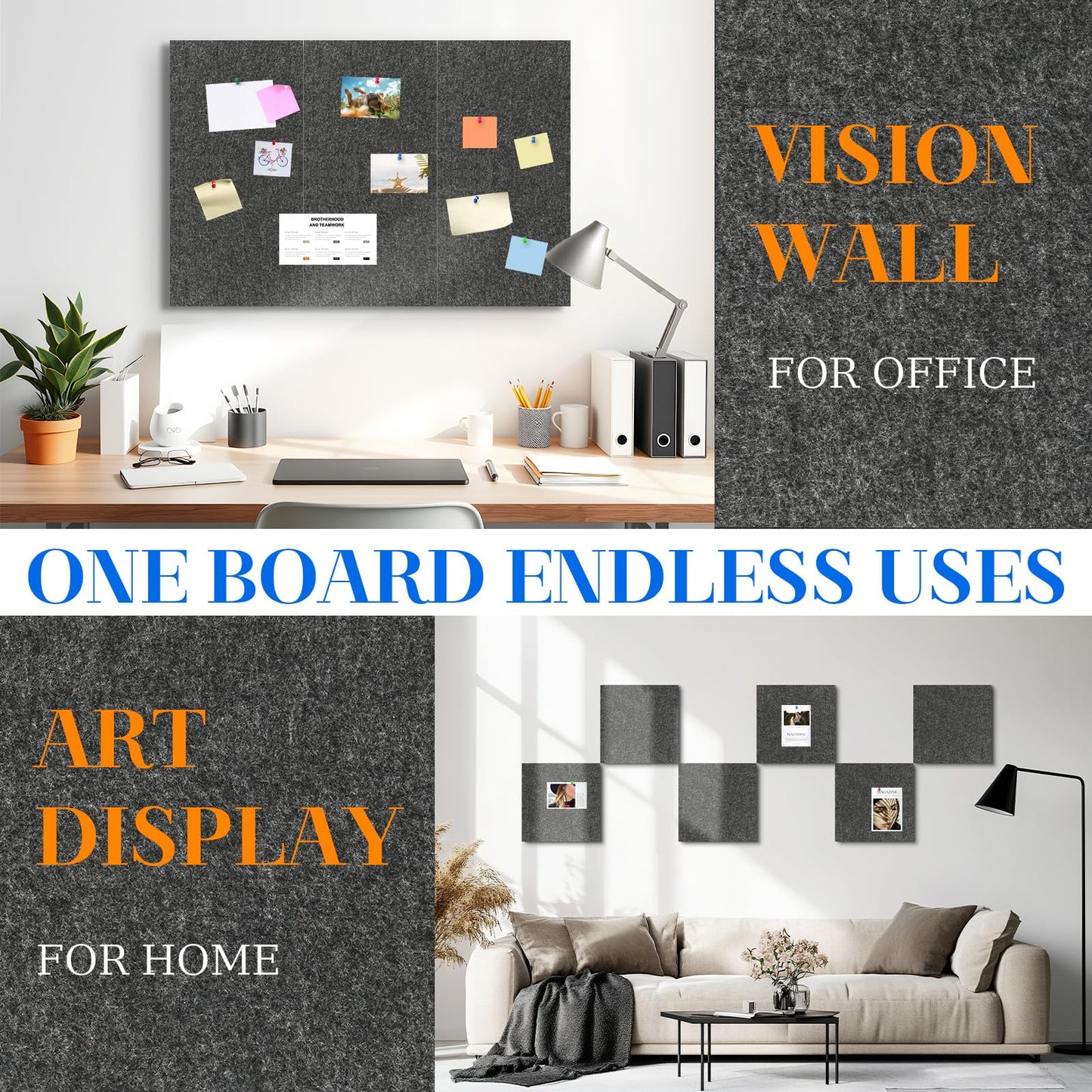 DOLLAR BOSS Felt Cork Board Tiles, 6 Packs 12" x 12" 1/2" Thick Cork Bulletin Board Self Adhesive Corkboards for Walls with 60 Pushpins for Home Office Kitchen School Decor Display, Grey