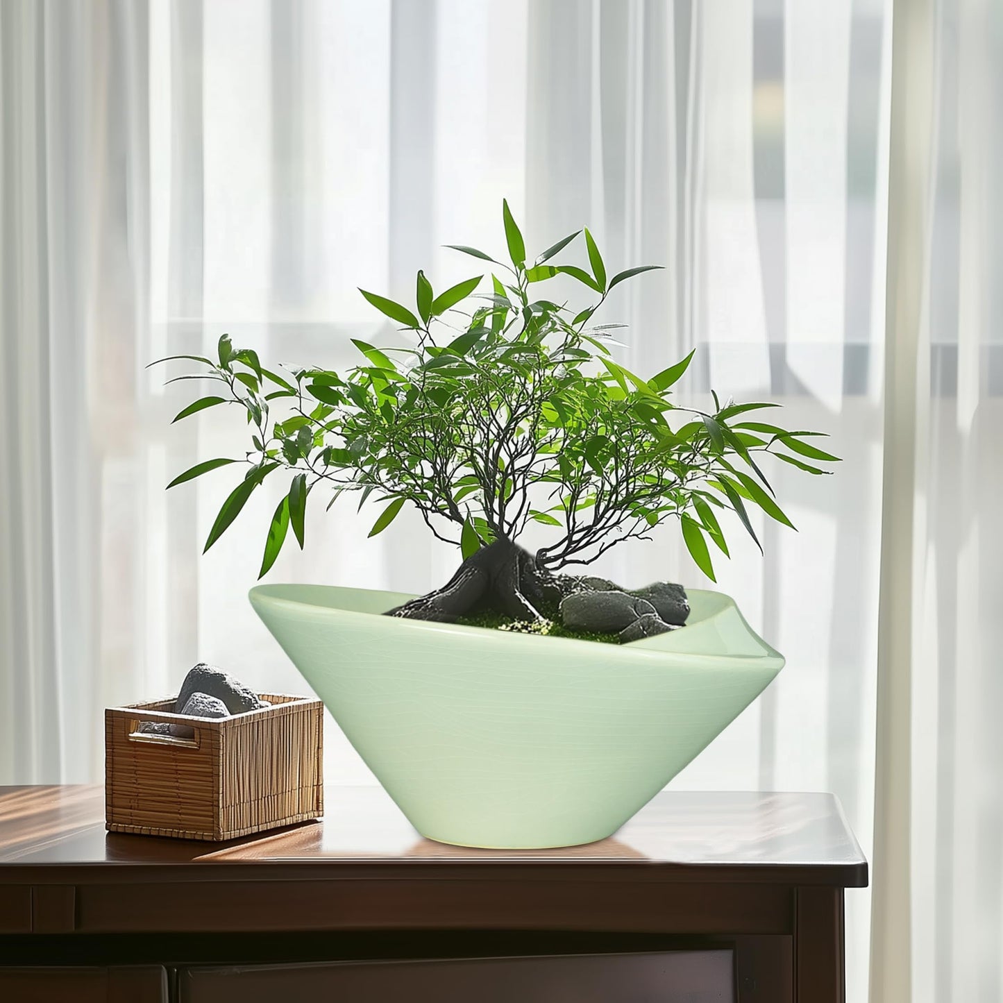 Teagas Ceramic Bonsai Pots - Large Succulent Planter 13 Inch Plant Pot Indoor Succulent Pot with Drainage Hole Outdoor Planter Bonsai Tree Pot for House Home Garden Office Decor Green