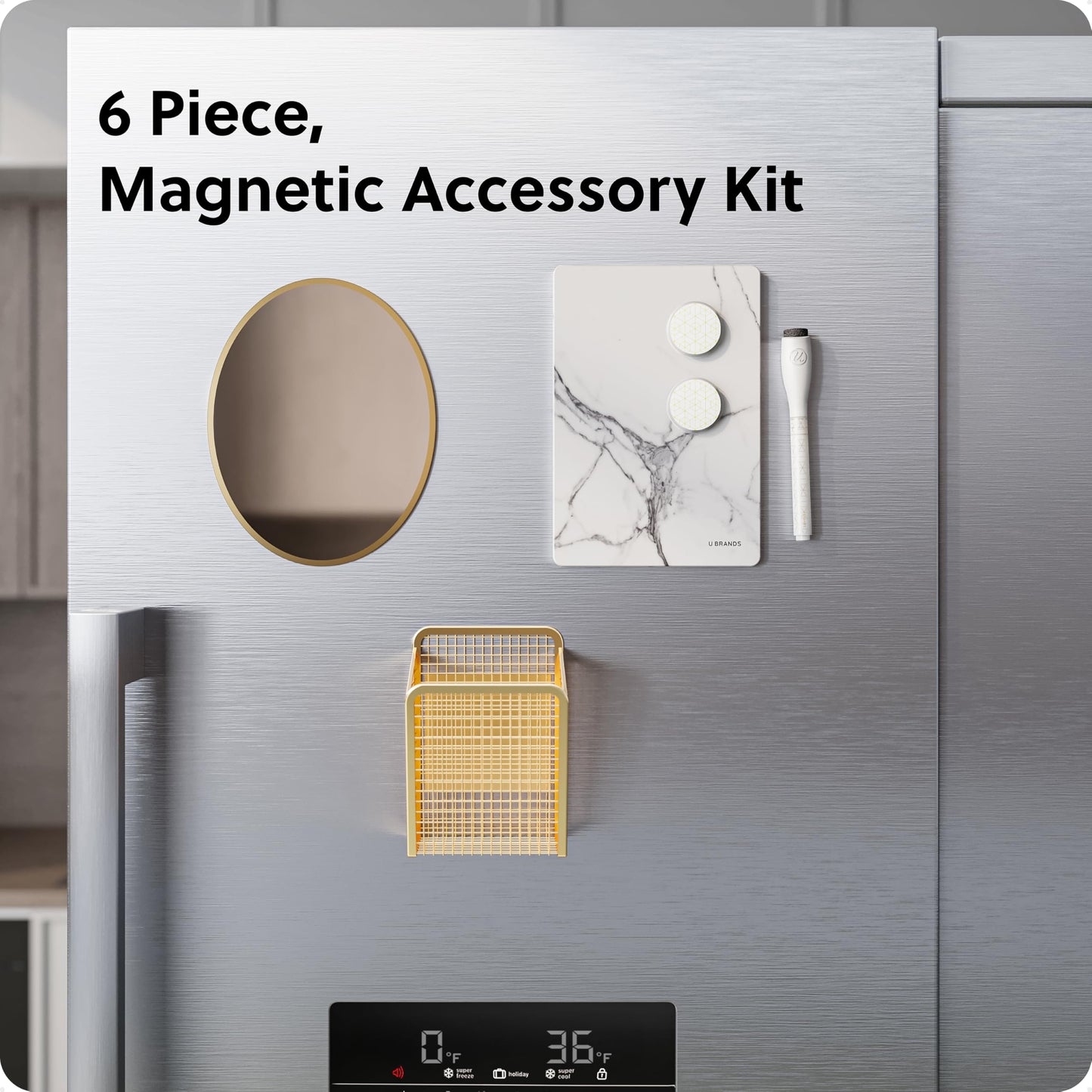 U Brands Magnetic Locker Accessories and Decorating Kit, 6 Piece Set, Back to School Essentials, Gold and Marble, Whiteboard, Mirror, and More