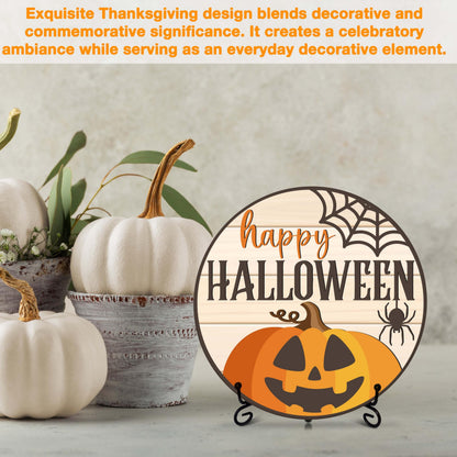 Seclate Halloween Desk Decorations for Home, Wooden Table Centerpieces 8x8 Inches with Iron Stand for Office Living Room Shelf Decor, Pumpkin Ghost Witch Design Gifts for Women Friends - E06