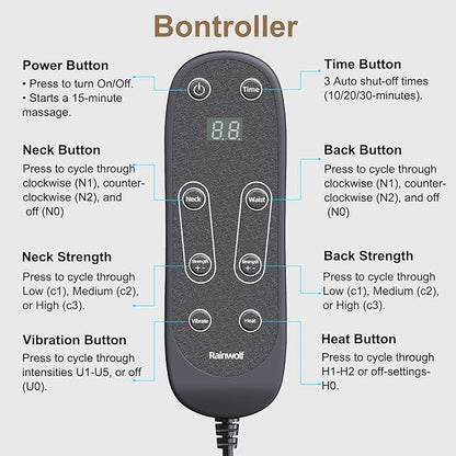 Rainwolf Shiatsu Neck and Back Massage Cushion with Heat - 4D Deep Tissue Kneading Full-Back Massager for Relief Muscle Soreness, Adjustable Intensity & Height, for Office Chair & Home
