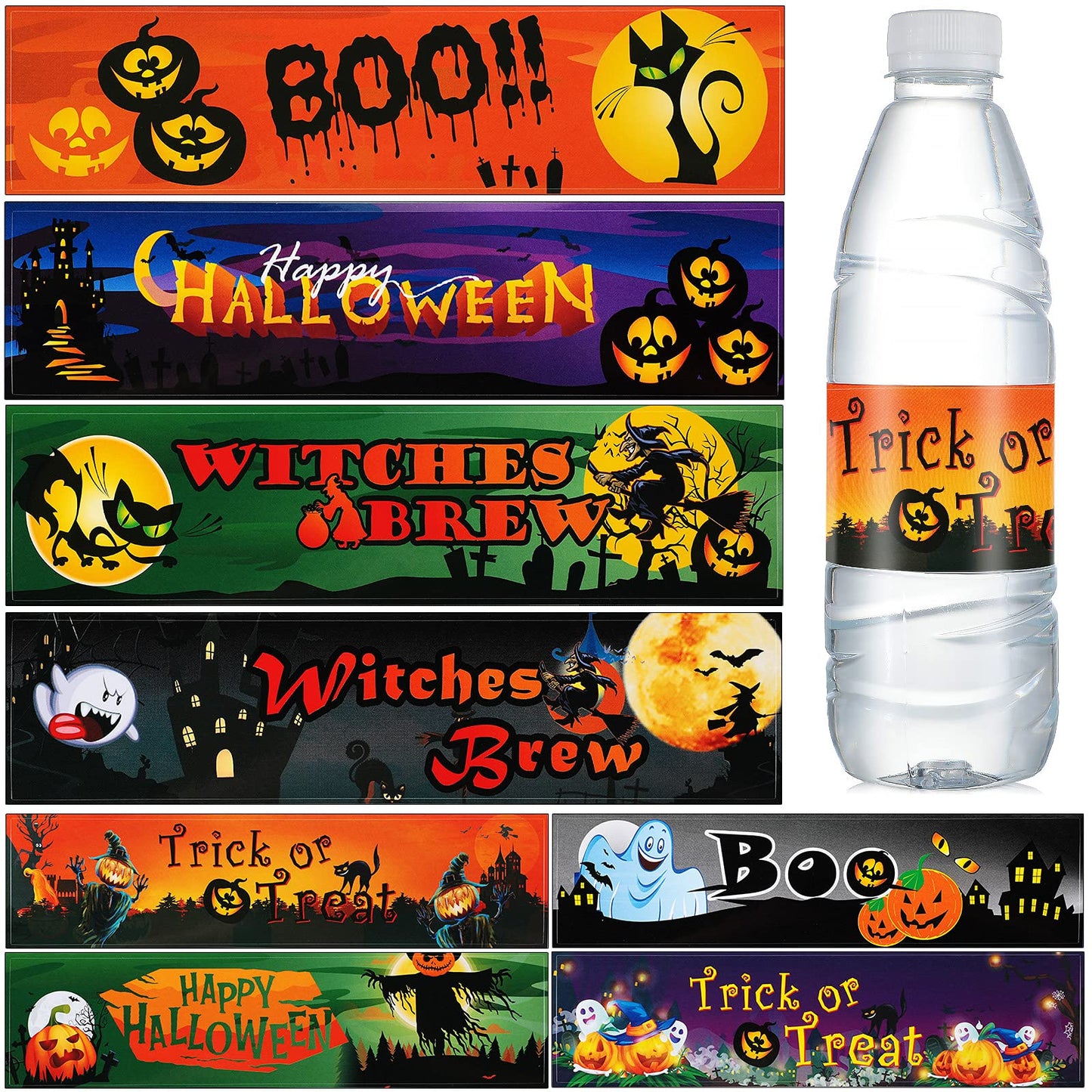 Marspark 80 Pieces Halloween Water Bottle Labels Ghost Witches Pumpkin Wrap Stickers Bottle Wrappers Halloween Party Supplies Decor Waterproof Colorful Party Water Bottle Label Sticker, 8.5 x 2 Inches