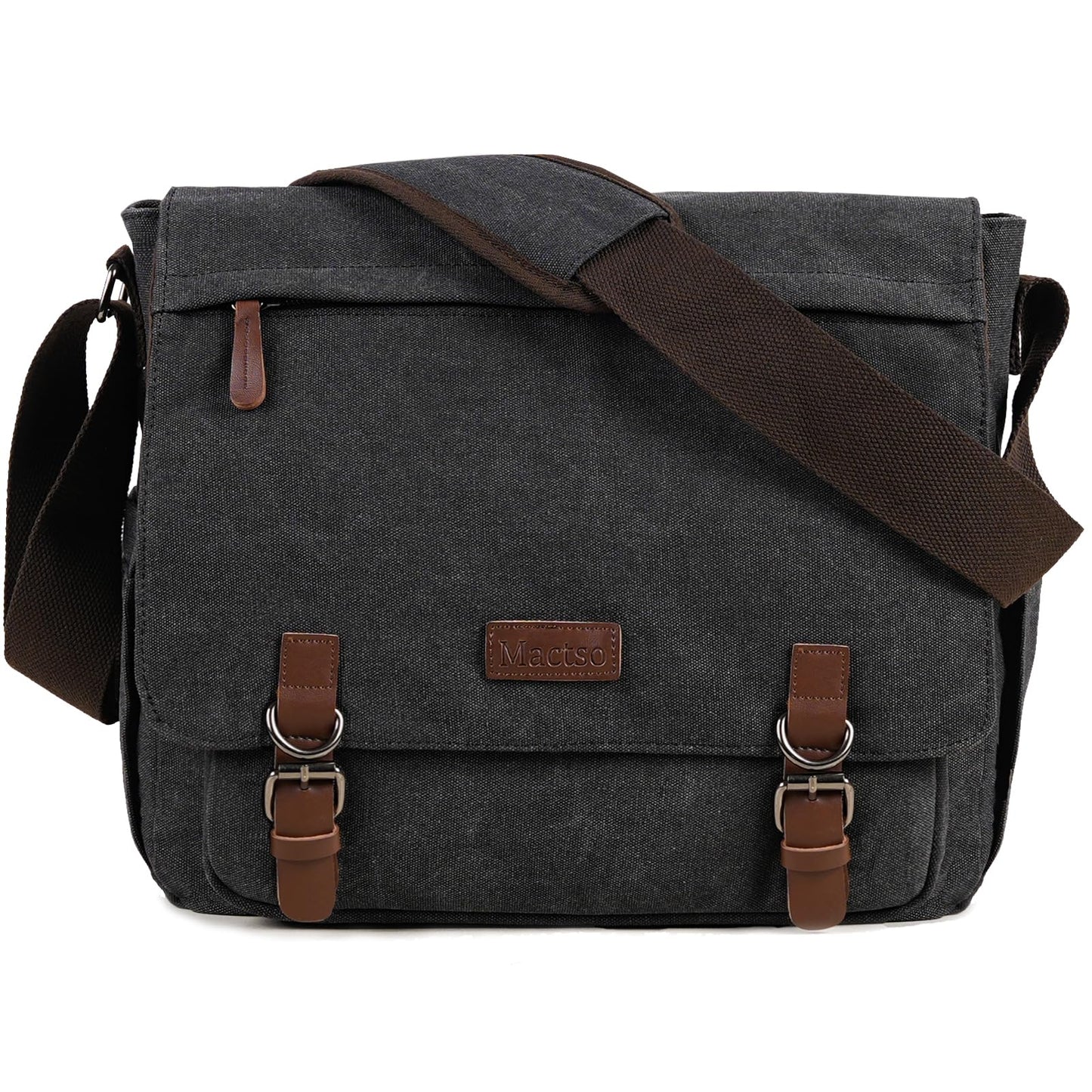 Mactso Vintage Messenger Bag 15.6 Inch Laptop for Men Women, Large Travel Crossbody Shoulder Purse with Luggage Strap,Canvas Briefcase Work Office College (Black-Upgrade)