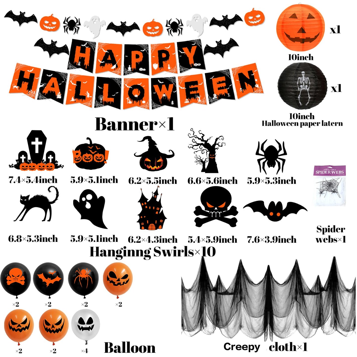 Halloween Decorations,Orange and Black Halloween Party Decorations Hanging Swirls,Ghost and Bat Spider Banner,Creepy Cloth, Balloon for Spooky halloween Decor Set