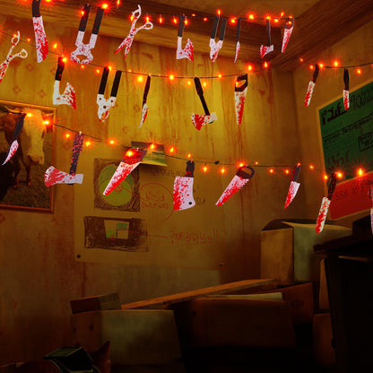 BlcTec Scary Halloween Decorations, 12 FT Halloween String Lights with 16 Fake Bloody Knives & 50 LED Orange Big Bulbs, 8 Modes Battery Operated Bloody Party Supplies for House Décor