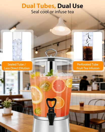 GUSTOCHEF Beverage Dispenser with Stand, 2.5 Gallon Drink Dispenser for Parties,Events,Buffet &Self-Serve,Dual Ice Tube Core Fruit Infuser,Leakproof Spigot,Clear PC Container, Stainless Steel Lid&Base