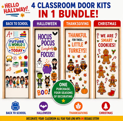 Hello Hallway Classroom Door Decorations for Teachers Seasonal Holiday 4-Pack Value | Peel & Stick Reusable Door & Whiteboard Decor | Preschool Pre-K Kindergarten | Teacher Supplies