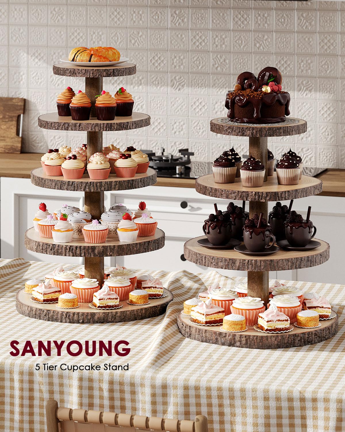 SANYOUNG Wood Cupcake Stand, 5 Tier Wooden Cupcake Tower, Large Rustic Cake Display Holder Stand for Woodland Baby Shower, Wedding, Birthday, Tea Party, Farmhouse Dessert Table Decorations
