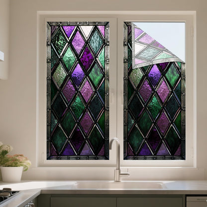 IVN Privacy Window Film Stained Glass Window Cling Purple Green Diamond Pattern Decorative Static Cling Window Sticker for Bathroom Kitchen Entry Door 17.7 x 39.3 Inch