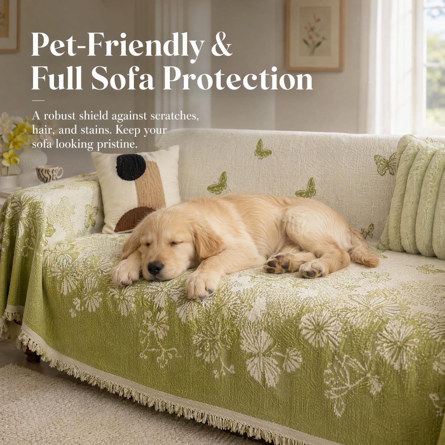 UWWGKK Oversized Chenille Couch Cover Green Butterfly Reversible Sofa Slipcover with Tassel, Heavyweight Sectional Furniture Protector Blanket for Large Dogs, Washable Throw for 3 4 Seat