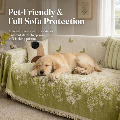 UWWGKK Oversized Chenille Couch Cover Green Butterfly Reversible Sofa Slipcover with Tassel, Heavyweight Sectional Furniture Protector Blanket for Large Dogs, Washable Throw for 3 4 Seat