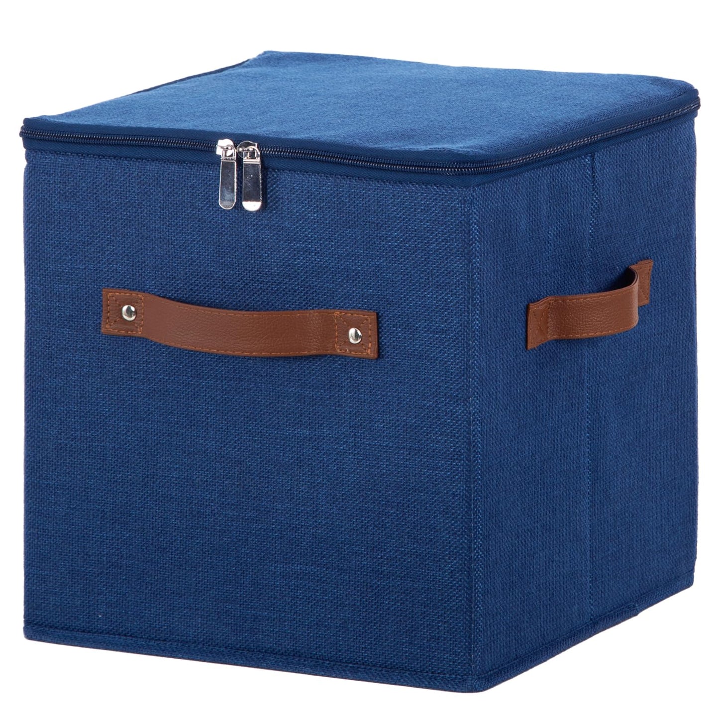 HYVAKUPPA 11inch Storage Boxes Cubes with Zipper Lid Collapsible Fabric Lidded Storage Bins Baskets PU Leather Handle Cotton Linen Decorative Shelf Closet Organizer Container (Blue, 1PCS)
