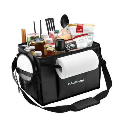 HAUSHOF Large Grill and Picnic Caddy with Paper Towel Holder, Condiment Pocket, Foldable BBQ Organizer Easy Carry Griddle Caddy for Camping, RV, Outdoor Waterproof Oxford Cloth (Black)