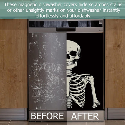 Halloween Skeleton Refrigerator Magnet Cover,Gothic Smiling Skull Washable Dishwasher Magnets Decorative Cover,Home Kitchen Decorative Dishwasher Front Panel Cover 23x26 Inch