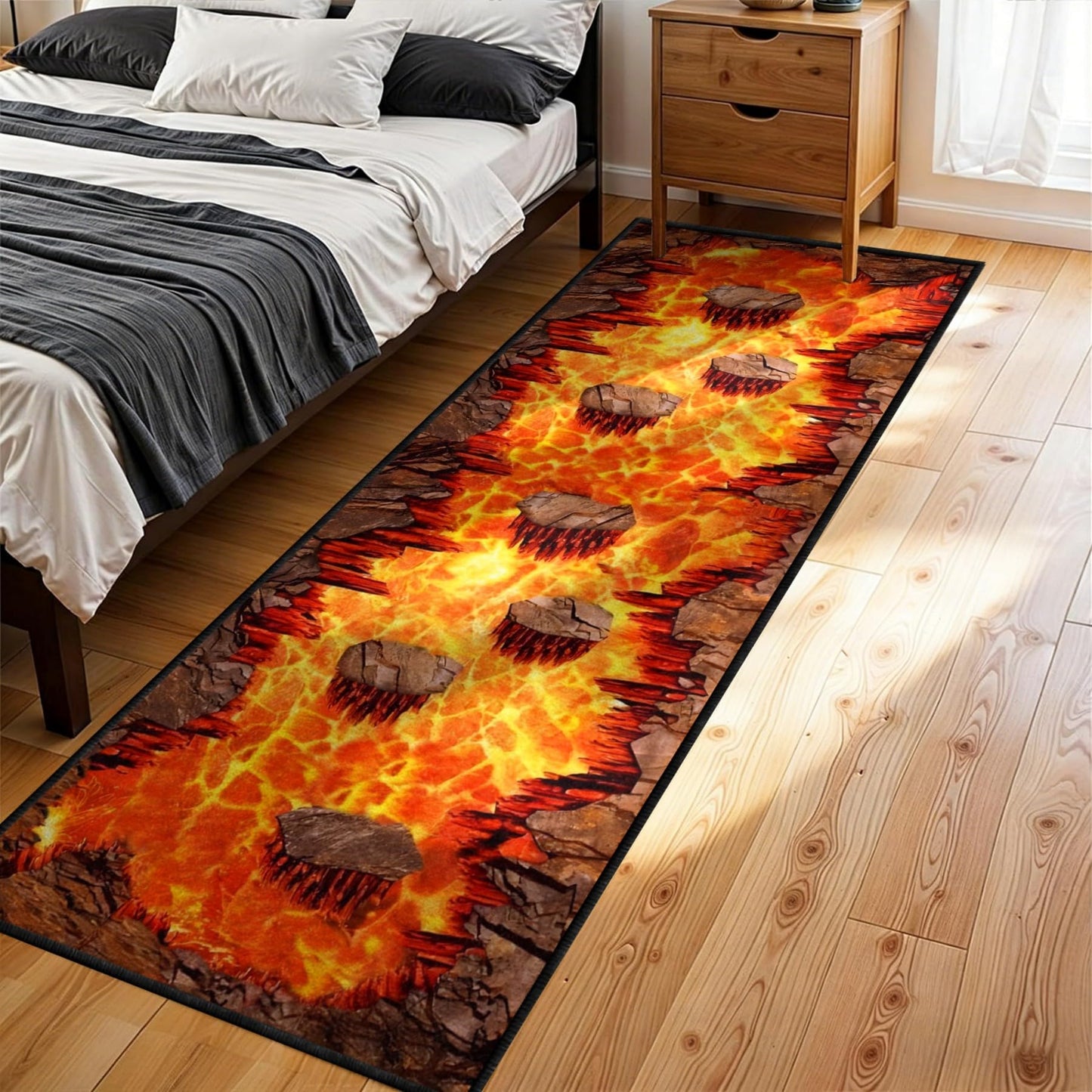 3D Optical Illusion Flame Runner Rug, 1.3x7ft, Abstract Lava Long Kitchen Rugs,Retro Rock Cracks Print Laundry Room Runner Rug, for Entryway Indoor Bedroom Runner Rugs