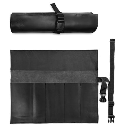 Under NY Sky Genuine Leather Knife Roll Case - 6 Slots - Real Leather Pouch - Portable Bag for Cooking Tools, Utensils, Cutlery Knives, Brushes - Chefs, Kitchen, Travel, Gift - Black