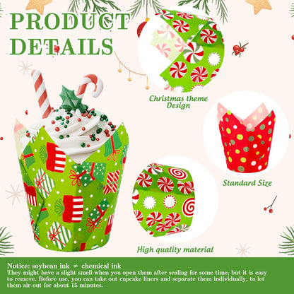 FYSUIMU 200Pcs Christmas Tulip Cupcake Liners Funny Cartoon Character Muffin Baking Cups Xmas Red Green Cupcake Wrappers for Winter Holiday Birthday Wedding Party Supplies Table Decor