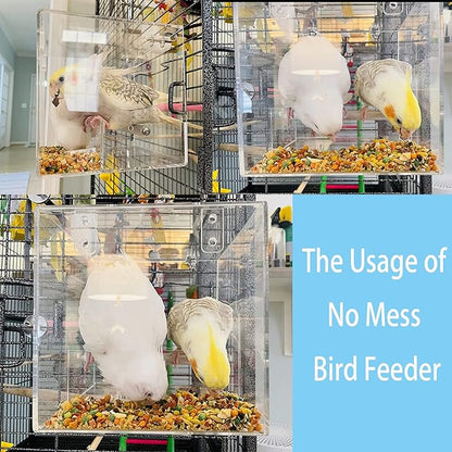 No Mess Bird Feeder for Cage - Automatic Bird Feeder Transparent Food Container Acrylic No Spill Cage Seed Catcher with Stainless Steel Hooks for Parrot Parakeet Cockatiels Lovebirds