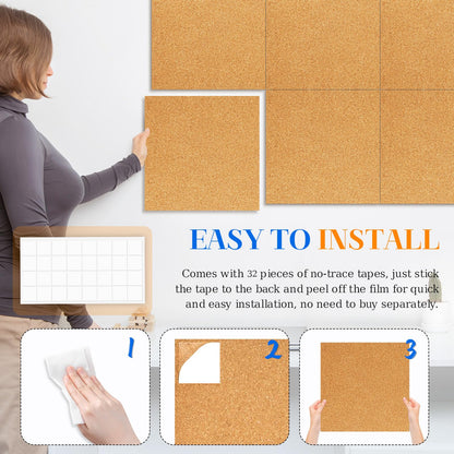 DOLLAR BOSS Cork Board Tiles, 6 Packs 12" x 12" 1/2" Thick Cork Bulletin Board Self Adhesive Corkboards for Walls with 60 Pushpins for Home Office Kitchen School Decor Display