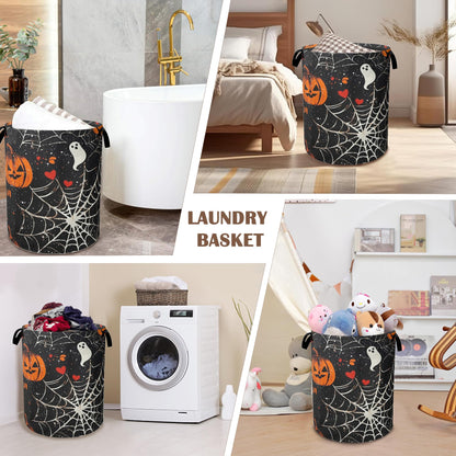 Halloween Laundry Basket Pumpkin Collapsible Hamper with Handles, Bat Spider Web Waterproof Oxford Storage Bin for Bathroom Bedroom Nursery Home Halloween Decor 16"x20"