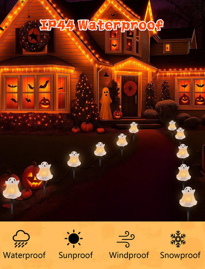 Halloween Pathway Lights Outdoor Decorations, 4PCS 3D Light-Up Ghost Garden Stake Lights, Waterproof Outdoor Lights for Yard, Lawn, Driveway, Halloween Decor
