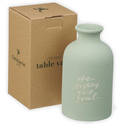 Christian Art Gifts Small Ceramic Scripture Table Vase for Flowers & Plants: He Restores My Soul Inspirational Bible Verse Home Décor, Kitchen, Bathroom, Living Room, Light Mint Green