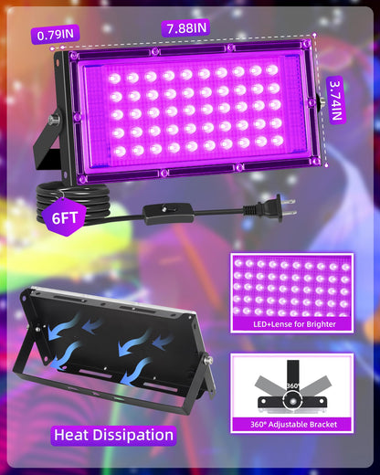 THECHAM 50W LED Black Lights IP66 Waterproof Black Light Outdoor with 6ft Plug+Switch,Flood Blacklight for Halloween Glow in The Dark Party Stage Light Neon Glow Birthday 1 Pack