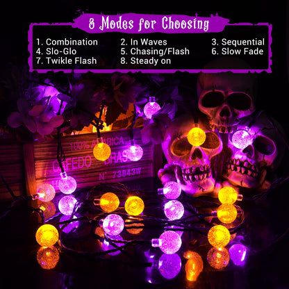 Lomotech Halloween Solar Lights - 72FT 100 LED Orange Purple String Lights Outdoor, 8 Modes Waterproof Crystal Globe Lights for Halloween Decoration