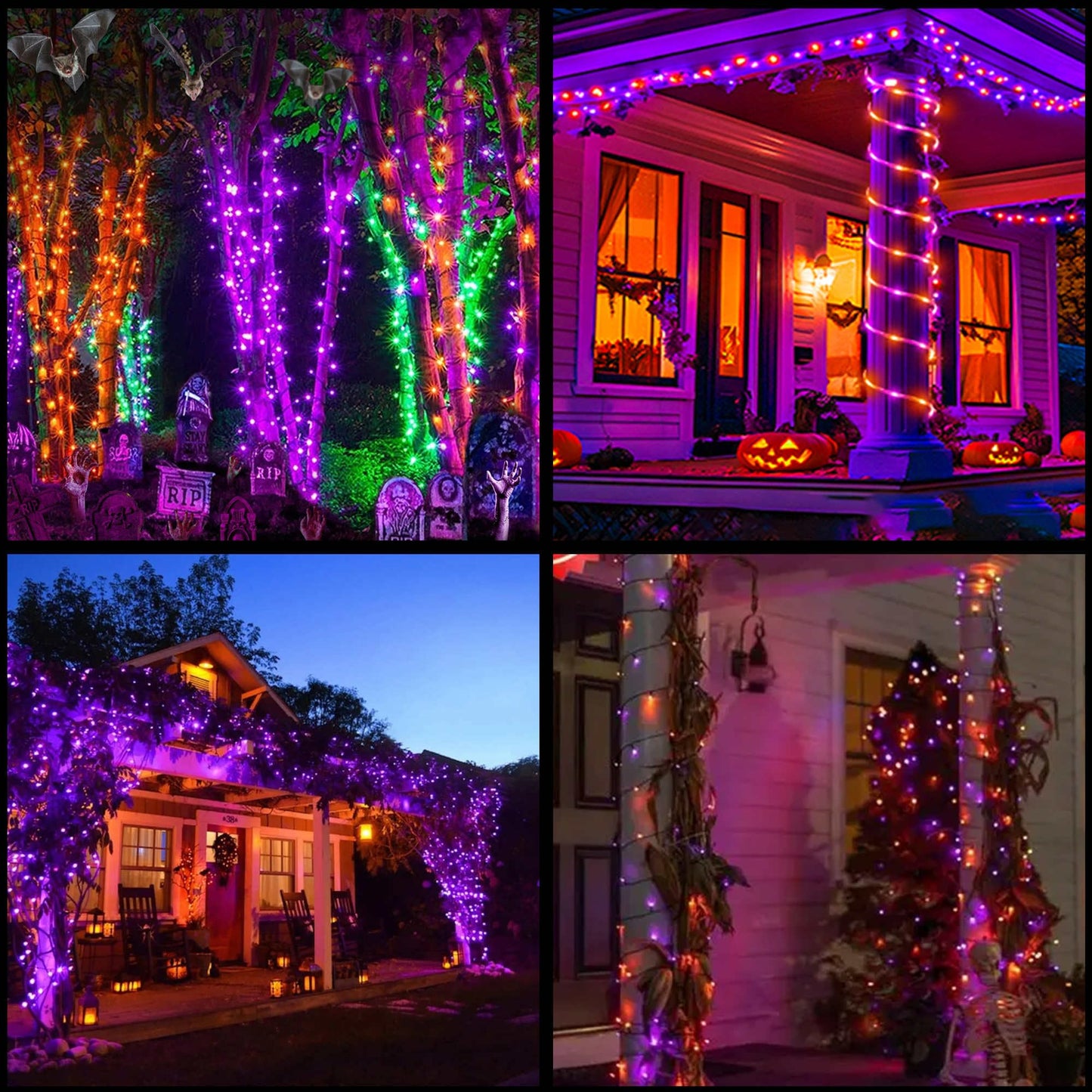 YULETIME 100 Orange Green Purple Halloween String Lights, 33 ft Black Wire