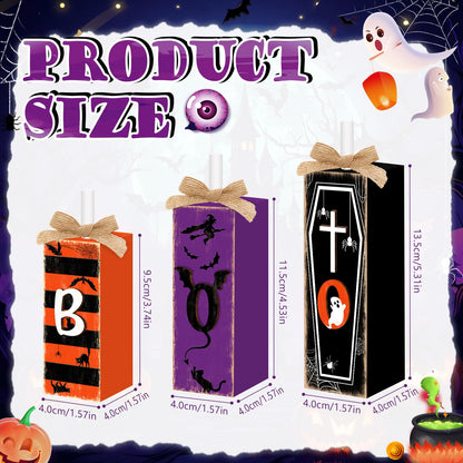 3 Pcs Boo Halloween Sign Wooden Tiered Tray Decor, Witch Black Cat Cross Coffin Table Decor 3D Carving Craft Halloween Decorations Party Tabletop Centerpieces for Home Kitchen Indoor Mantel