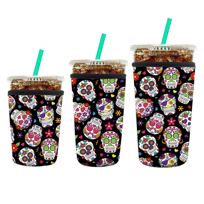 AUEKLLW 3 Pack Reusable Neoprene Insulator Sleeve for Iced Coffee Cups, Funny Coffee Cup Sleeves for 16-32oz Coffee cups, Cute Drink Sleeve for Cold Hot Beverages Cute Floral Skull