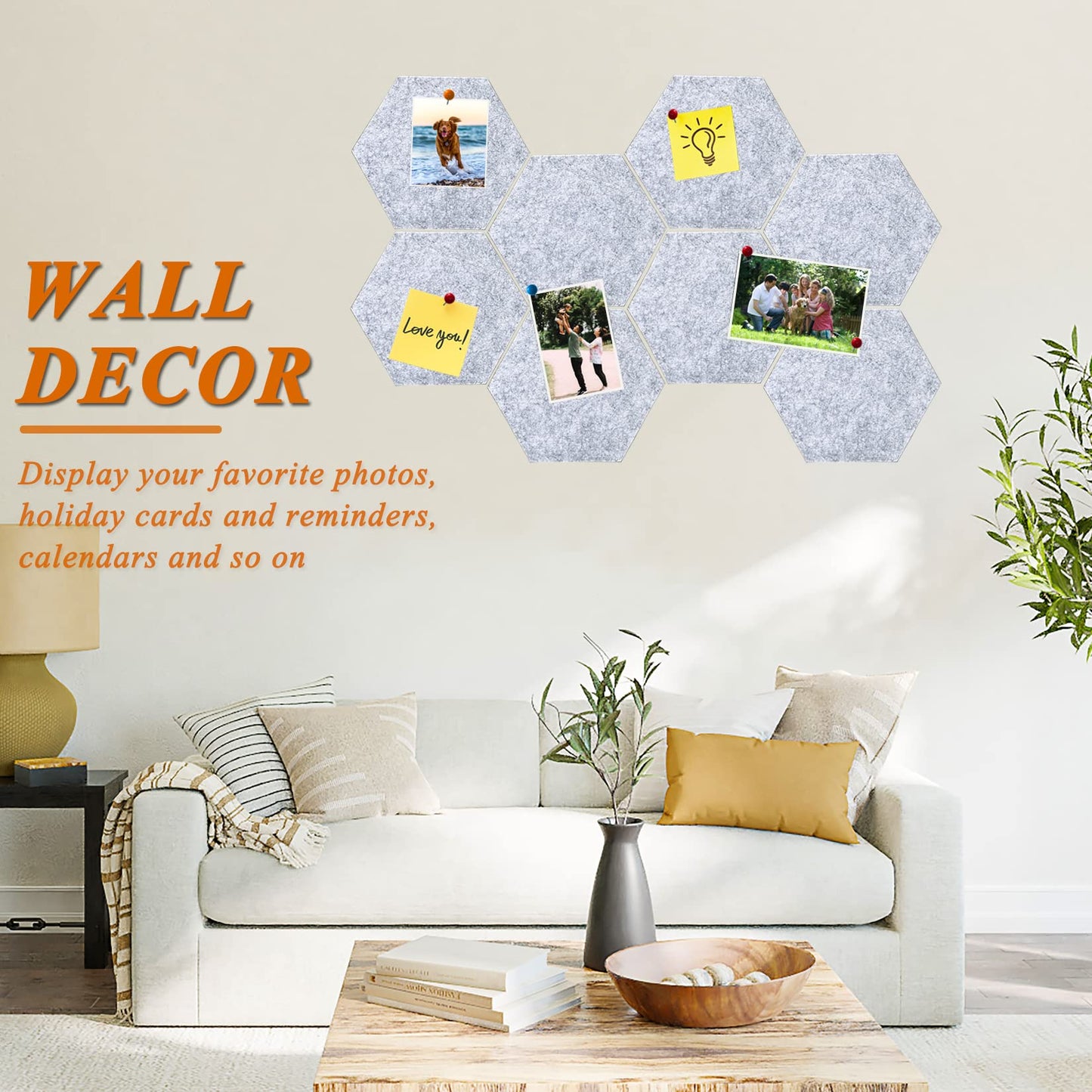 HULAVO 8Pcs Hexagon Felt Cork Board Tiles, Self Adhesive DIY Bulletin Board Pin Board for Office School Home Wall Decor Memos Photos Display (Light Grey)